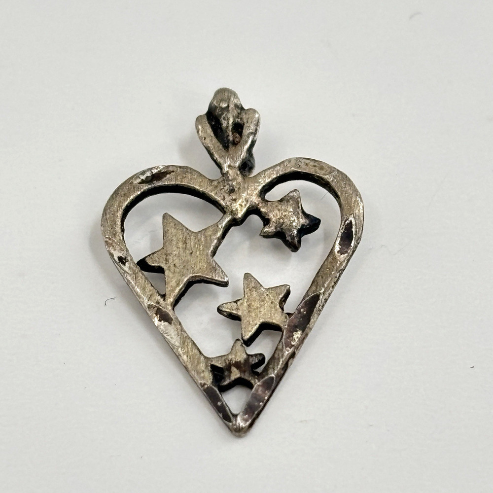 Vintage Pendant Celestial 925 Sterling Silver Heart Stars Charm Jewelry .5"